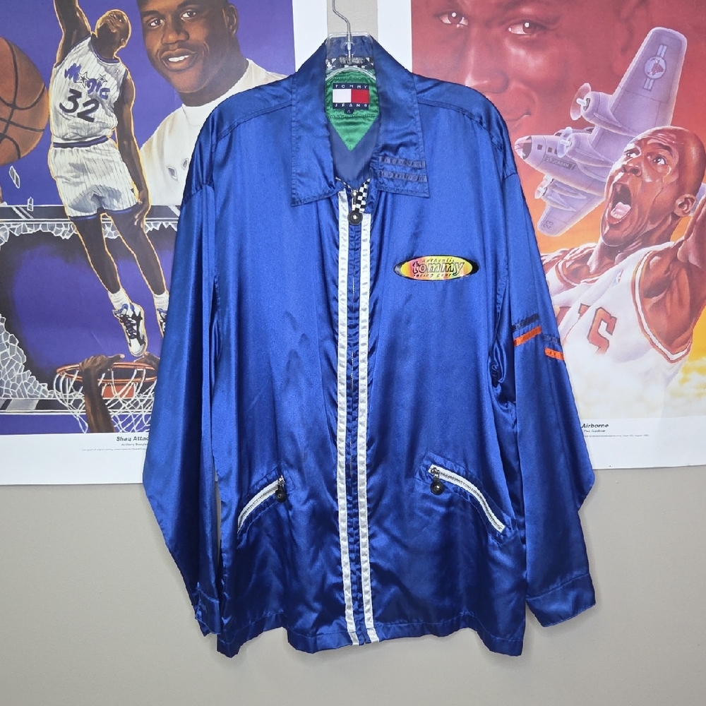 Vintage Tommy Hilfiger Blue Satin Jacket with White Accents